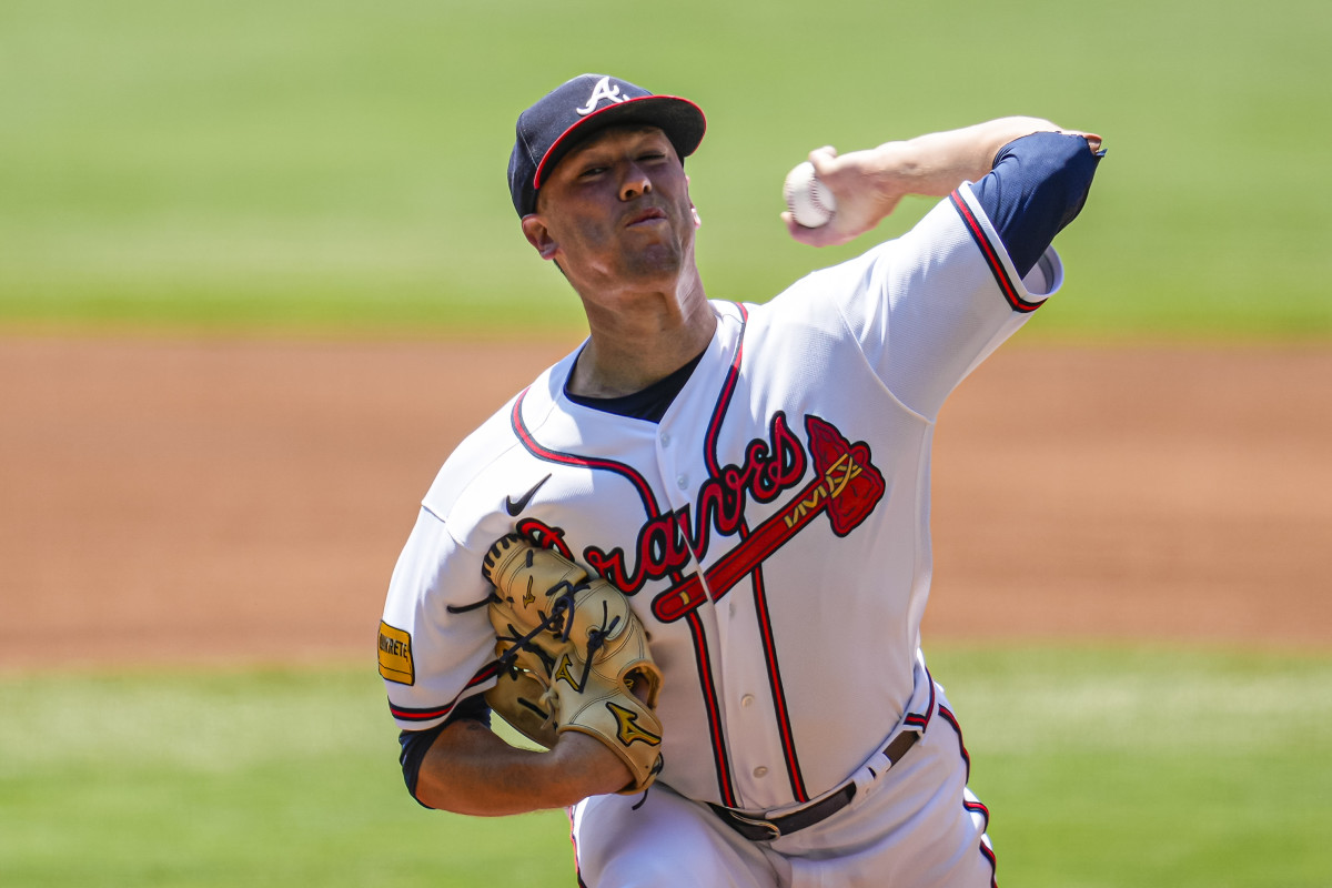 Jun 28, 2023; Cumberland, Georgia, USA; Atlanta Braves starting pitcher Kolby Allard (49) pitches against the Minnesota Twins during the first inning at Truist Park. Mandatory Credit: Dale Zanine-USA TODAY Sports
